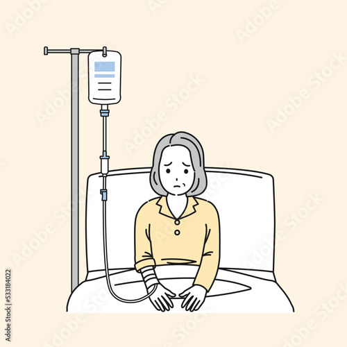 入院する中年の女性　ミドル　病院　患者　病気　イラスト