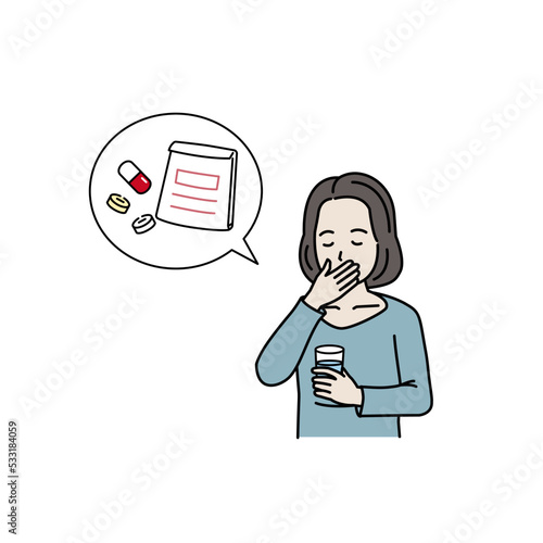 薬を飲む中年の女性　ミドル　服薬　服用　処方箋　イラスト
