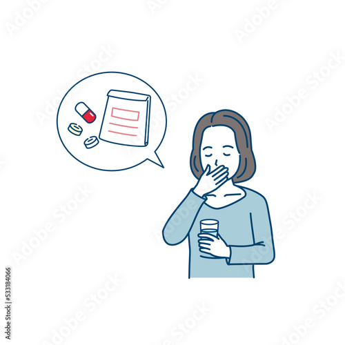 薬を飲む中年の女性　ミドル　服薬　服用　処方箋　イラスト