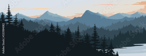 Landscape of mountains and pine forests. Nature and the environment.