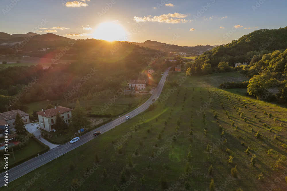 Aerial view of countryside road in Marche region in Italy