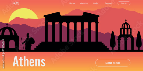 Silhouette background of Greece, Athens sunset sunrise mountains gradient Parthenon Acropolis mythology. Template for first screen landing page with southern landscape. Vector illustration