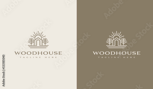 Wooden House Pine Tree Logo Template. Universal creative premium symbol. Vector sign icon logotype