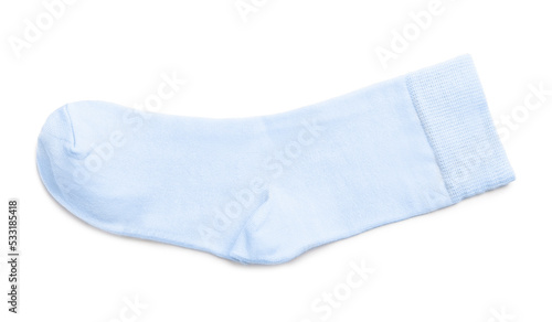 New light blue sock isolated on white, top view