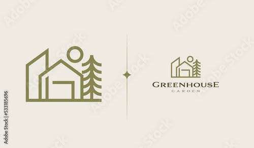 Wooden House Pine Tree Logo Template. Universal creative premium symbol. Vector sign icon logotype