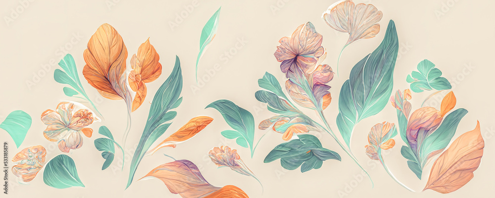 Spectacular pastel template of flower designs with leaves and petals. Natural blossom artwork features with multicolor and shapes. Digital art 3D illustration. Pale and light color. - obrazy, fototapety, plakaty 