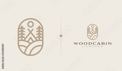 Wooden House Pine Tree Logo Template. Universal creative premium symbol. Vector sign icon logotype
