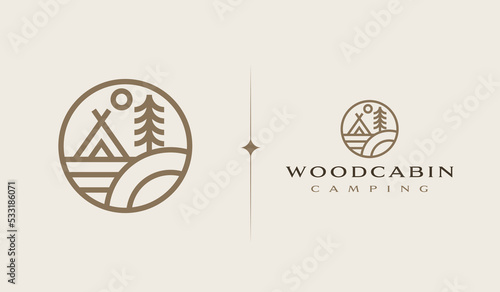 Wooden House Pine Tree Logo Template. Universal creative premium symbol. Vector sign icon logotype