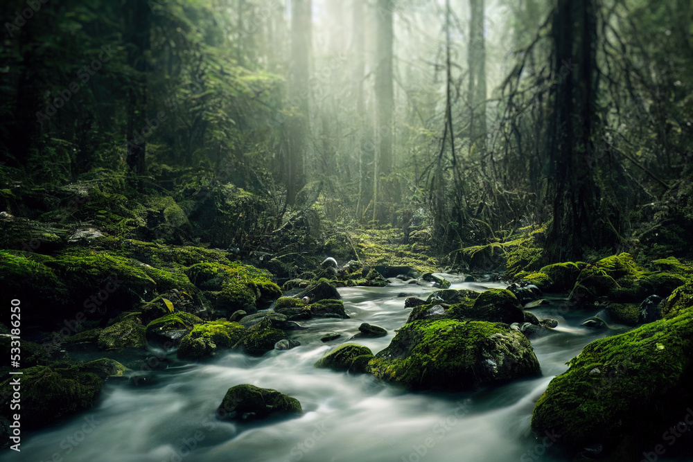 Obraz premium Wonder Large wide cascading waterfall in the forest, water flows down the mountainside river,stream,climate change concept. background. 3d illustration