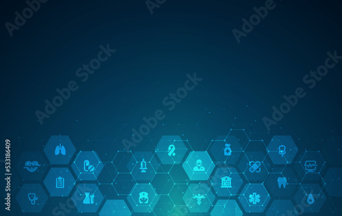 Healthcare concept with flat icons and symbols. Used for design healthcare, science and medicine background