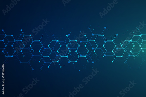Hexagons pattern blue background. Genetic research, molecular structure. Chemical engineering. Concept of innovation technology. Used for design healthcare, science and medicine background