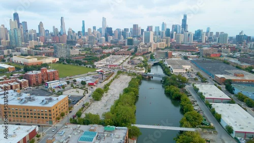 Chicago, IL USA September 15th 2022 : establishing aerial drone view image of Chicago metropolitan city area. the buildings architecture look great for tourist to come and see the skyline