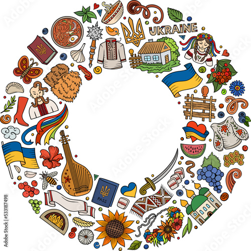 Set of Ukraine cartoon doodle objects, symbols and items