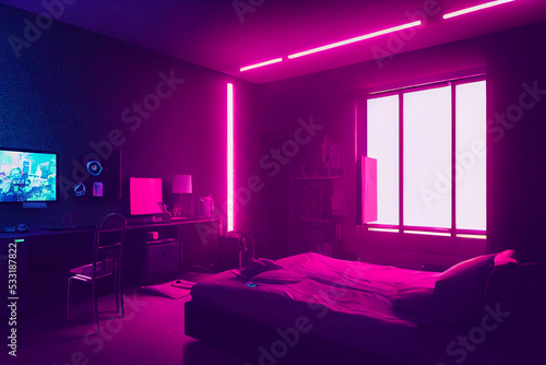 futuristic cyberpunk themed bedroom, abstract illustration, created with generative ai © Inspired