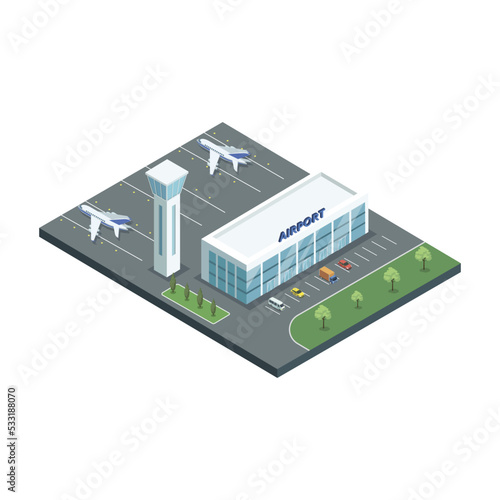 Isometric view of airport building with jets and parking lot on white background.