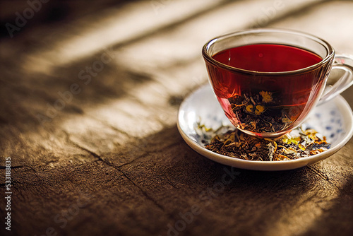 herbal teahot healthy drink in a glass, green aromatic tea, vitamins and trace elements, rustic style photo