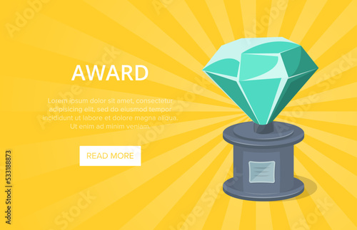 Glassy cup of diamond shape on yellow background. Championship winner award cup vector illustration. Sport competition ceremony event banner, first place prize symbol, victory celebration poster