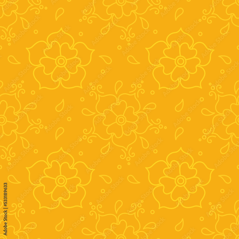 Yellow abstract flowers and patterns. Seamless background for printing on fabrics, packages. Flat style, doodle. Vector, illustration