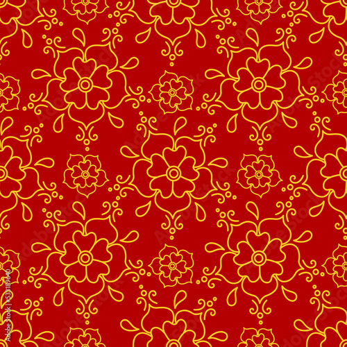 Yellow abstract flowers and patterns on a red background. Seamless background for design, printing on fabrics, packaging. Flat style, doodle. Vector, illustration