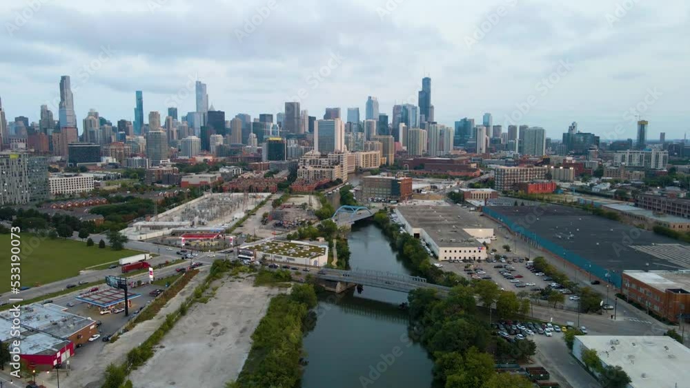 Chicago, IL USA September 15th 2022 : establishing aerial drone view image of Chicago metropolitan city area. the buildings architecture look great for tourist to come and see the skyline