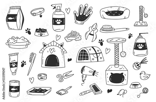 Pet cat salon care tool line sketch design element abstract set