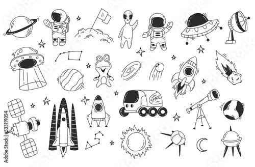 Space rocket alien spacecraft line sketch design element abstract set