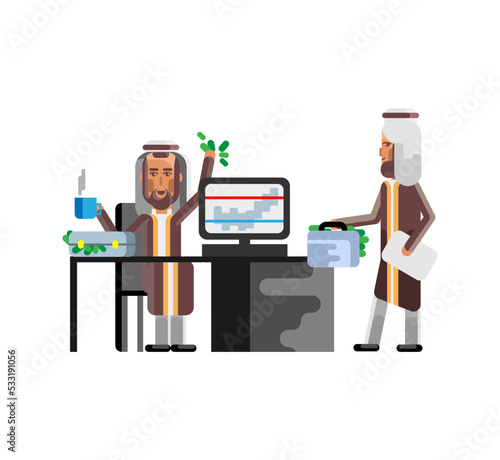 Business meeting arabic businessman with investor in office. Corporate business people isolated vector illustration.