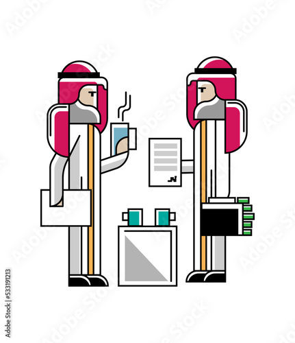 Business meeting arabic businessmen or contract conclusion. Corporate business people isolated vector illustration in linear style.