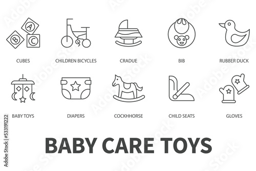 Baby care toys, kid feeding icons set. Set of editable stroke icons.Vector set of Baby care toys, kid feeding