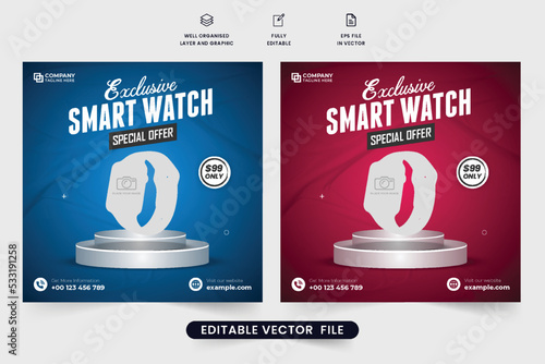 Exclusive smartwatch promotional web banner design with red and blue colors. Clock and gadget sale discount template for online marketing. Wristwatch sale social media post vector.