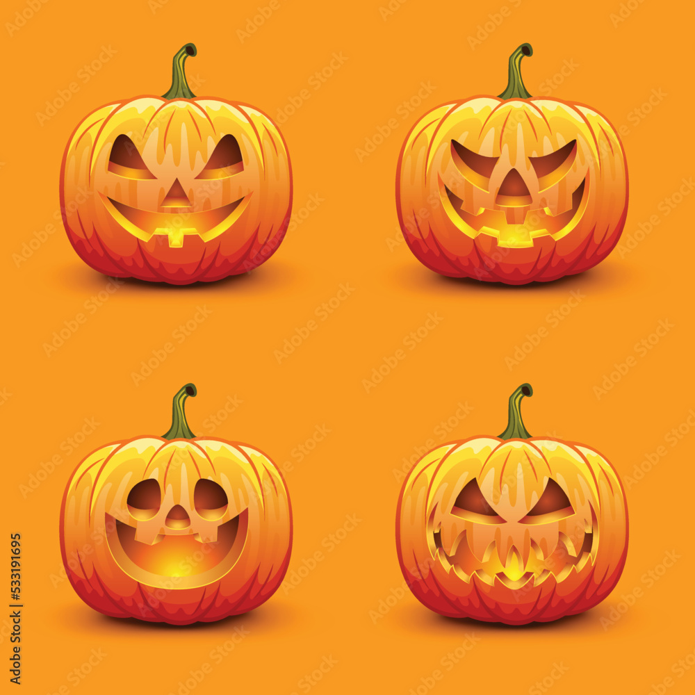 Set of cute and scary Halloween pumpkins. Autumn holiday vector illustration Set of cute and scary Halloween pumpkins. Autumn holiday vector illustration
