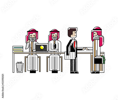 Business meeting and contract conclusion arabic businessmen in conference room. Corporate business people isolated vector illustration in linear style.