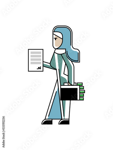 Arabic businesswoman with contract and suitcase full of money in hands. Corporate business people isolated vector illustration in linear style.
