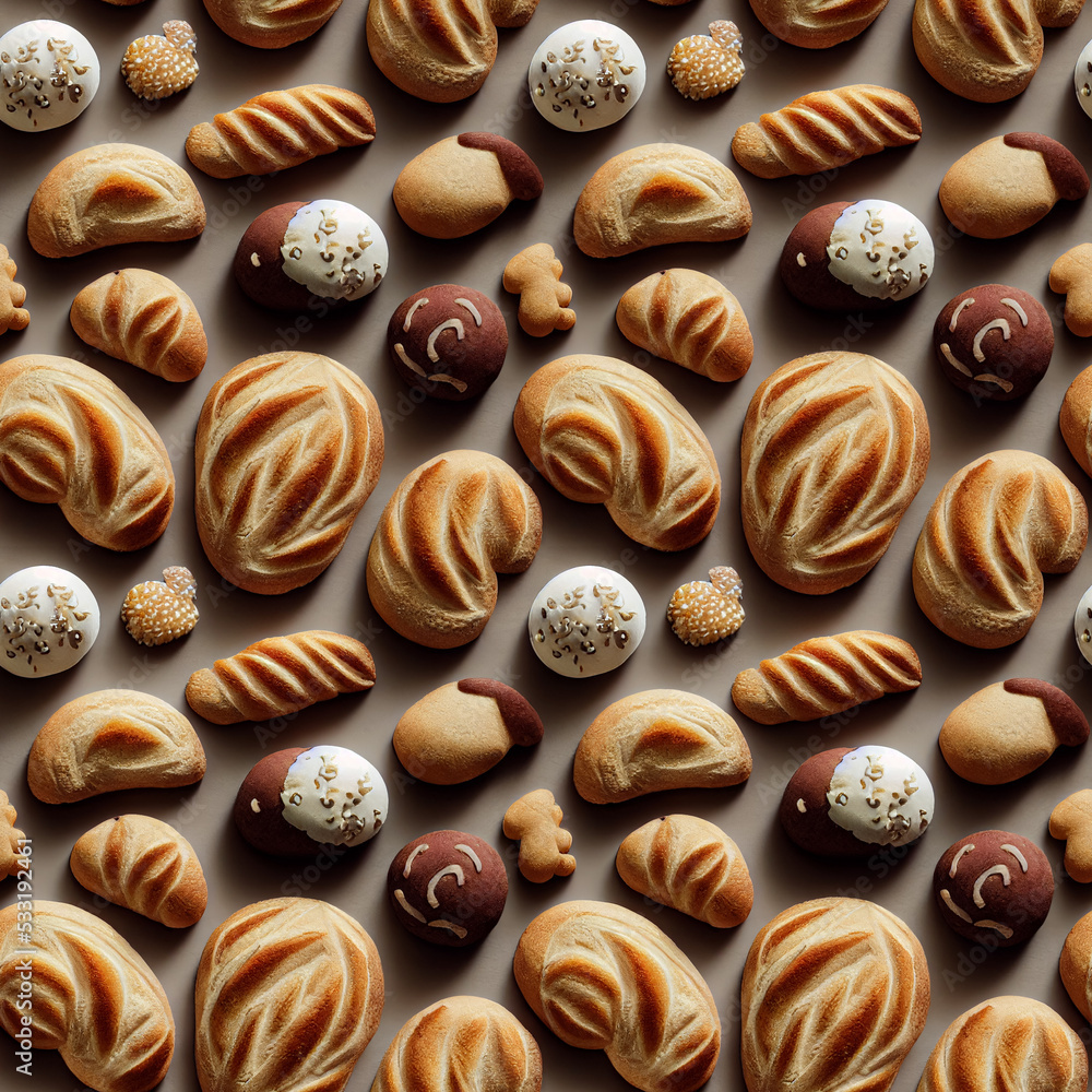 3D rendering illustration. Cute mini bread seamless pattern. For bakery, food processing, restaurant, and baking related, can be used for wrapping paper, backgrounds, posters, and cards. 3D rendering illustration. Cute mini bread seamless pattern. For bakery, food processing, restaurant, and baking related, can be used for wrapping paper, backgrounds, posters, and cards.