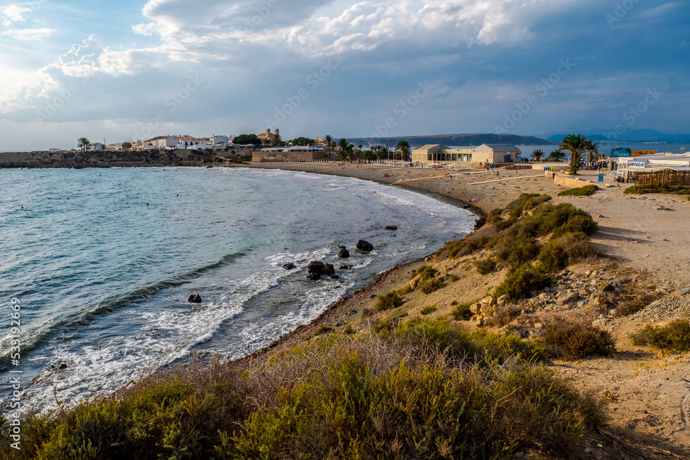 The main beach of the island of Tabarca in the Spanish Mediterranean, at sunset