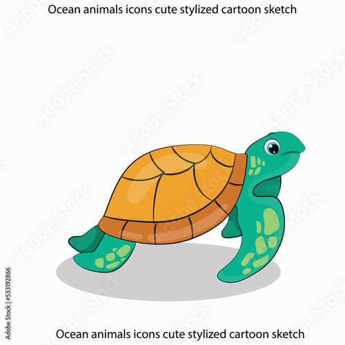 Ocean animals icons cute stylized cartoon sketch