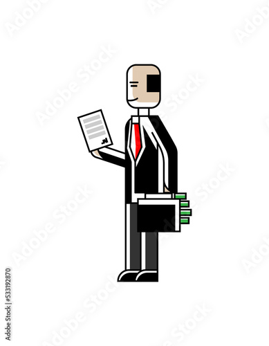 Asian businessman with contract and suitcase full of money in hands. Corporate business people isolated vector illustration in linear style.