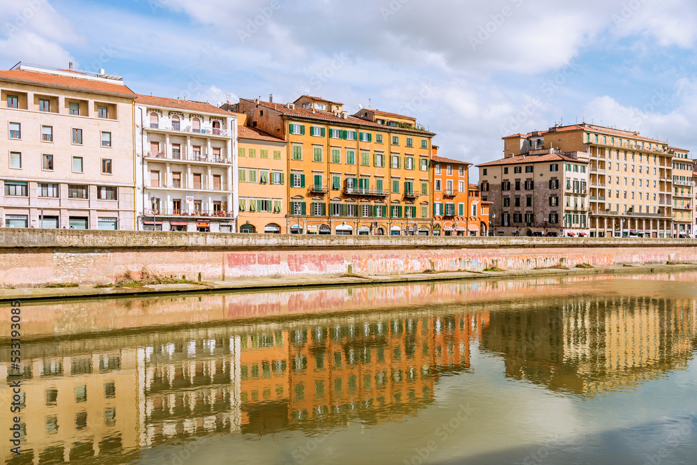 Old buildings in the Arno River's edge, iin the Tuscany region and It is the most important river of central Italy after the Tiber. Pisa, 2019