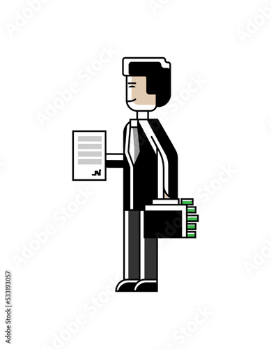 Asian businessman with contract and suitcase full of money in hands. Corporate business people isolated vector illustration in linear style.