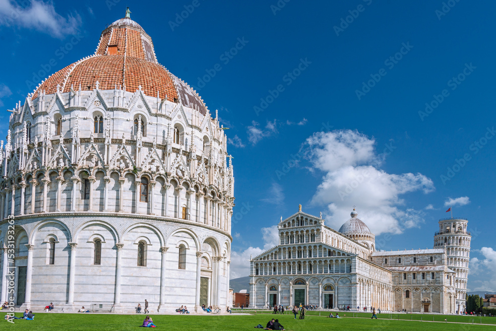 The Pisa Baptistery of St. John is a Roman Catholic ecclesiastical building, built in white marble between 1152 and 1363 years, designed by Diotisalvi, Pisa, Italy, 2019