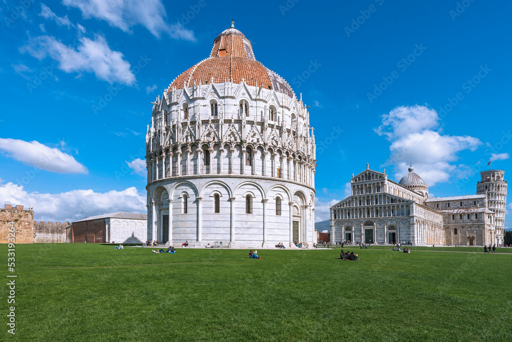 The Pisa Baptistery of St. John is a Roman Catholic ecclesiastical building, built in white marble between 1152 and 1363 years, designed by Diotisalvi, Pisa, Italy, 2019