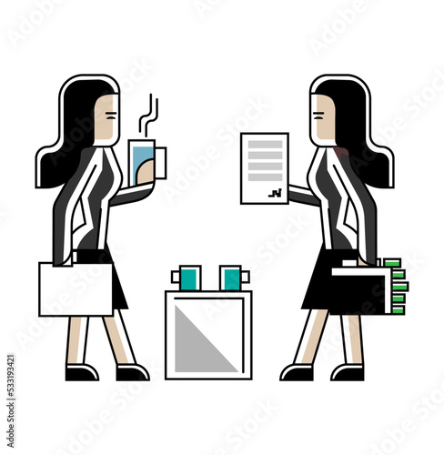 Business meeting asian businesswomen or contract conclusion. Corporate business people isolated vector illustration in linear style.