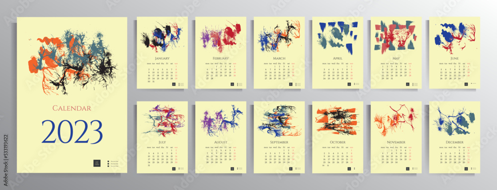 Calendar template for 2023. Wall calendar for 12 months. Contemporary design with abstract artistic illustrations.