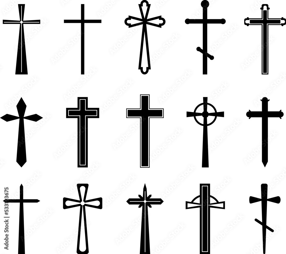 Black christian cross. Church jesus sign, crosses crucifix silhouette. Holy graphic catholic and orthodox symbols, religious decent vector collection