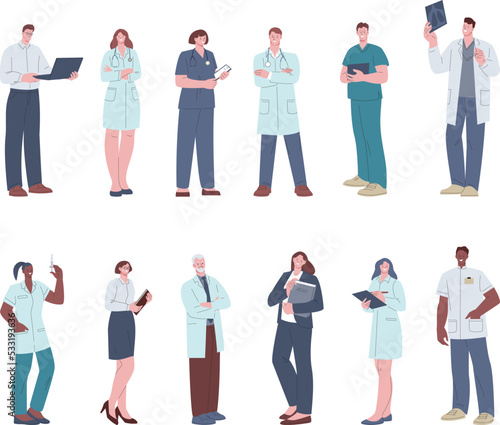 Hospital team, doctors, nurses and healthcare workers. Administrator clinic staff, pharmacist and therapist. Flat medical professional kicky vector characters