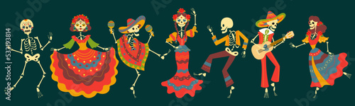 Dancing skeletons mexican festival characters. Skeleton jump and flamenco dance, day of dead or halloween spooky decorative nowaday vector symbols