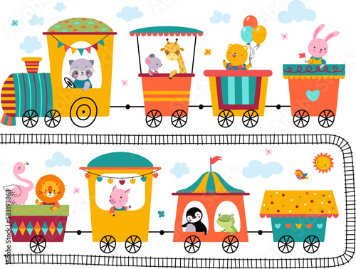 Cute animals ride train. Fun zoo trains, toddler party banner elements. Children funny safari with wild animal. Travelling on transport railway nowaday vector characters