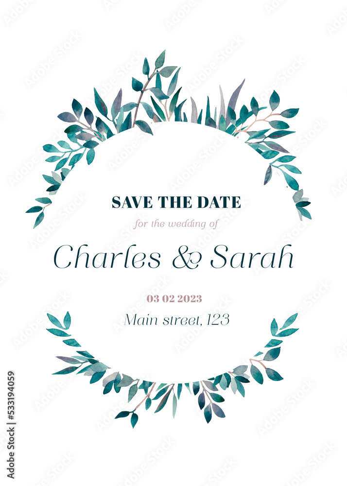 Botanical wedding invitation template set with leaves, frame, border. Watercolor greenery illustration,save the date,invite card,printable design. Floral decoration, greeting, thank you, rsvp, etc