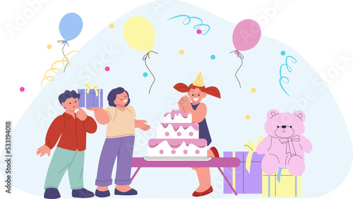 Birthday party with cake, balloons and confetti. Cute girl and friends celebrating. Festive happy children, gifts and sweets vector scene