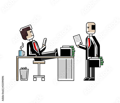 Business meeting european businessmen in office, contract conclusion. Corporate business people isolated vector illustration in linear style.